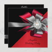 Red Black Grey Silver Bow Pearl Birthday Kaart (Voorkant / Achterkant)