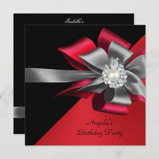 Red Black Grey Silver Bow Pearl Birthday Kaart (Voorkant / Achterkant)