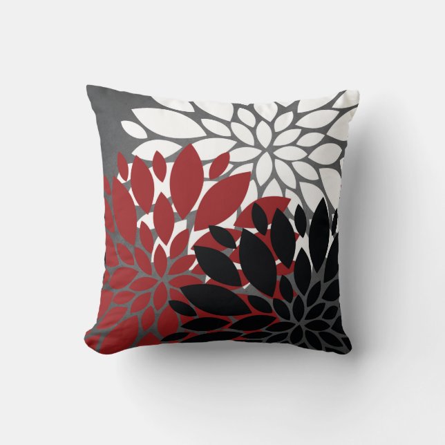 Red Black Grey White Flower Silhouette Cushion Kussen (Voorkant)