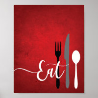 Red Black Grey White Kitchen Quote EAT Wall Art