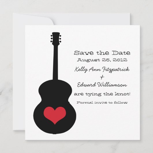 Red/Black Guitar Heart Save the Date Invite (Voorkant)
