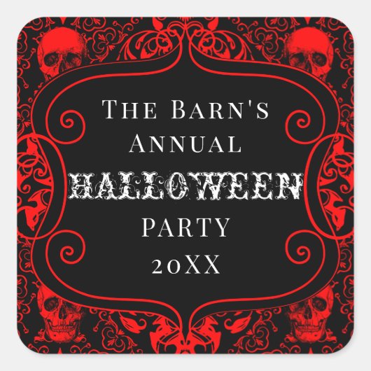 Red Black Halloween Damask Skull Gothic Custom Vierkante Sticker (Voorkant)