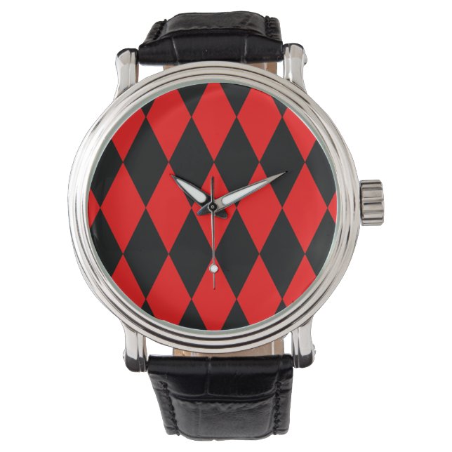 Red Black Harlequin Diamonds Checkers Design  Horloge (Voorkant)