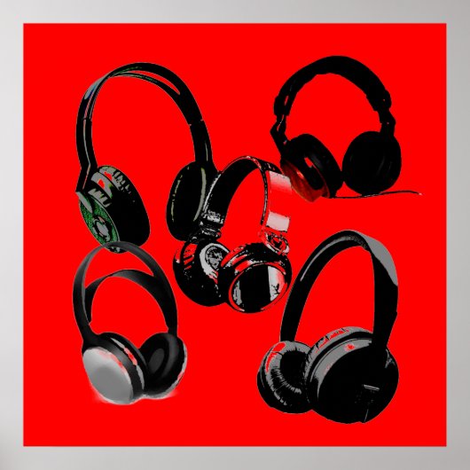 Red Black Headphone Silhouettes Pop Art Poster (Voorkant)