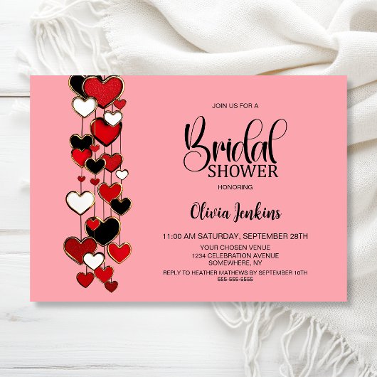 Red Black Hearts Bridal Shower Kaart