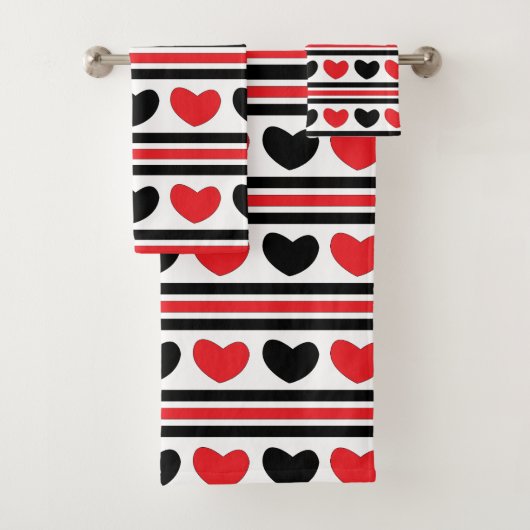 Red Black Hearts Stripes Valentijn Pattern Bad Handdoek (Insitu)