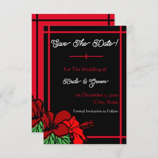 Red & Black Hibiscus Save the Date Flat Kaart (Voorkant / Achterkant)