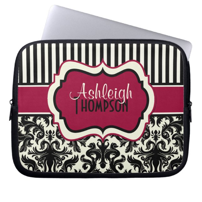 Red Black Ivory Striped Damask-laptophoes Laptop Sleeve (Voorkant)