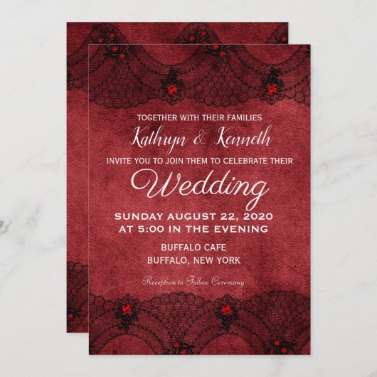Red Black Lace formele huwelijksuitnodiging Kaart (Voorkant / Achterkant)