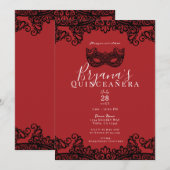 Red & Black Lace Masquerade 15 15th Quinceañera Kaart (Voorkant / Achterkant)
