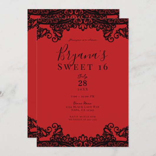 Red & Black Lace Masquerade Sweet 16 Kaart (Voorkant / Achterkant)