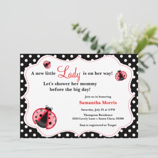 Red & Black - Lady Bug Baby shower Invitation Kaart (Staand voorkant)