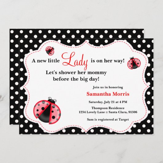 Red & Black - Lady Bug Baby shower Invitation Kaart (Voorkant / Achterkant)