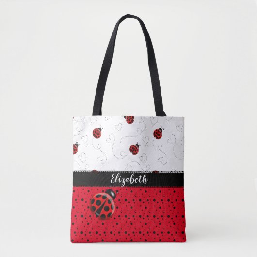 Red Black Ladybug Polka Dot Bug Beetles Naam Tote Bag (Voorkant)