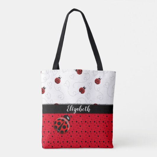 Red Black Ladybug Polka Dot Bug Beetles Naam Tote Bag (Achterkant)