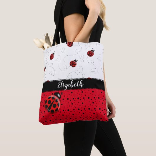 Red Black Ladybug Polka Dot Bug Beetles Naam Tote Bag (Dichtbij)