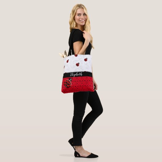 Red Black Ladybug Polka Dot Bug Beetles Naam Tote Bag (Op model)