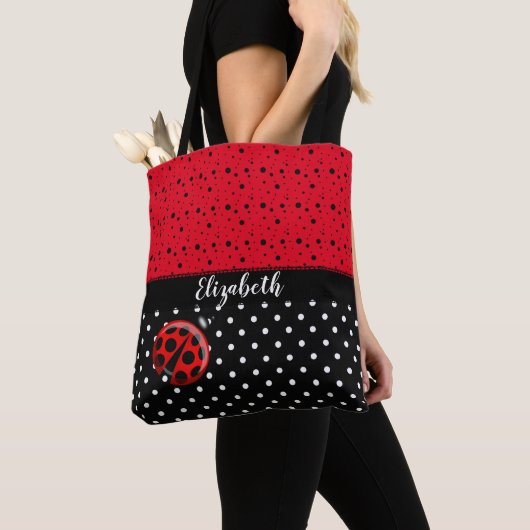 Red Black Ladybug Polka Dot Bug Beetles Naam Tote Bag (Dichtbij)