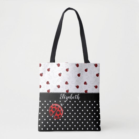 Red Black Ladybug Polka Dot Bug Beetles Naam Tote Bag (Voorkant)