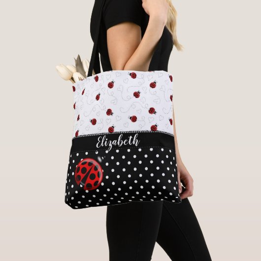 Red Black Ladybug Polka Dot Bug Beetles Naam Tote Bag (Dichtbij)