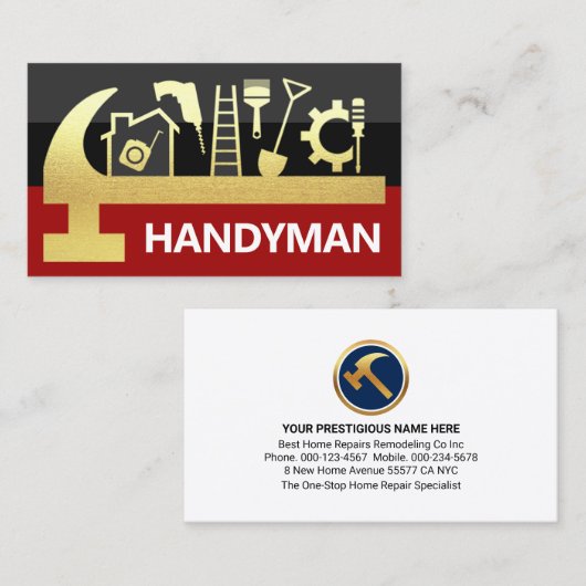 Red Black Layers Gold Hammer Handyman Tools Visitekaartje (Voorkant / Achterkant)