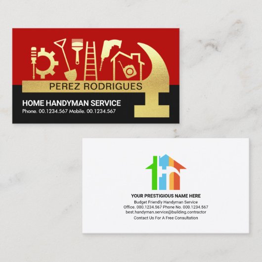 Red Black Layers Gold Hammer Handyman Tools Visitekaartje (Voorkant / Achterkant)