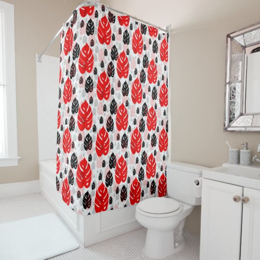 Red Black Leaf Illustration Pattern Design Douchegordijn (In situ)