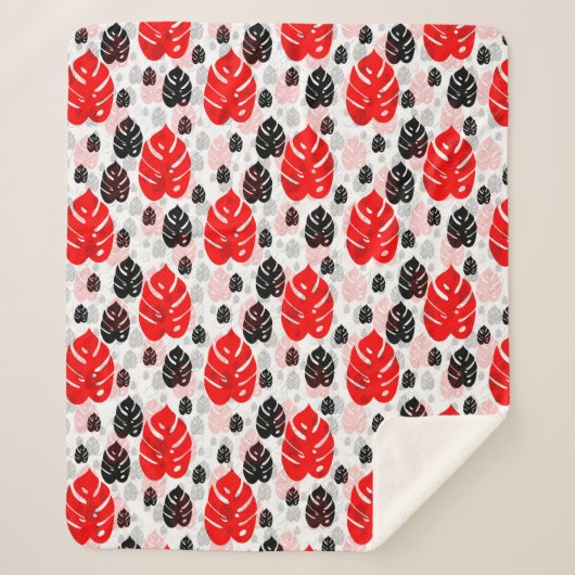 Red Black Leaf Illustration Pattern Design Sherpa Deken (Voorkant)