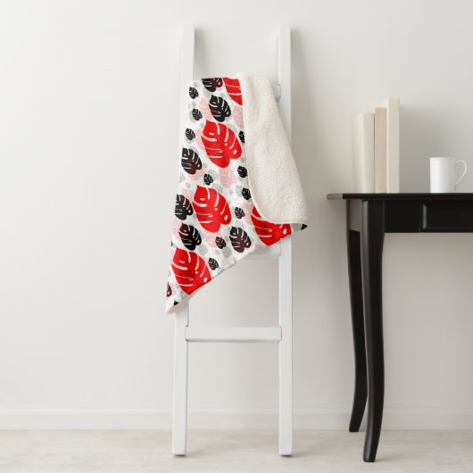 Red Black Leaf Illustration Pattern Design Sherpa Deken (In situ)