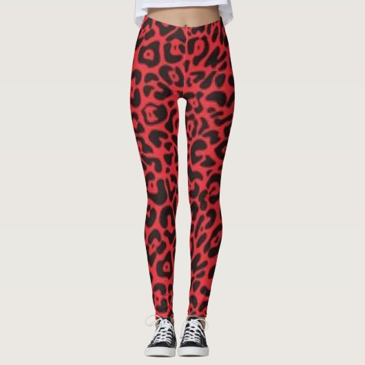 Red Black Leopard Patroon Afdrukontwerp Leggings (Voorkant)