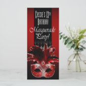 Red Black Masquerade Birthday Party Invitation (Staand voorkant)