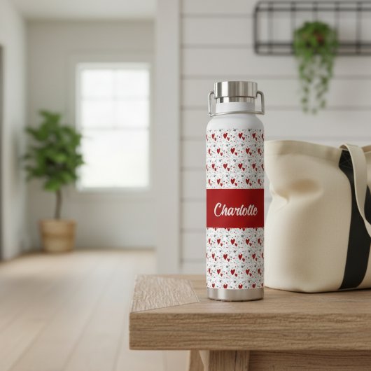 Red Black Modern Hearts Retro Monogram Name Waterfles