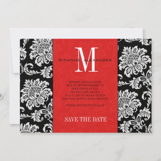 Red Black Monogram Damask Wedding Save the Date (Voorkant)