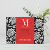 Red Black Monogram Damask Wedding Save the Date (Staand voorkant)