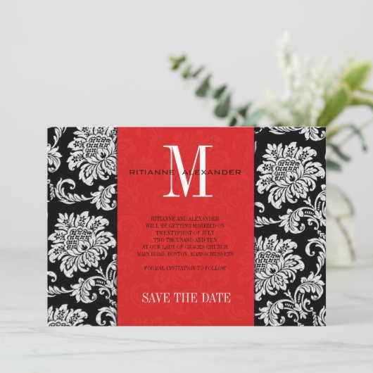 Red Black Monogram Damask Wedding Save the Date (Staand voorkant)