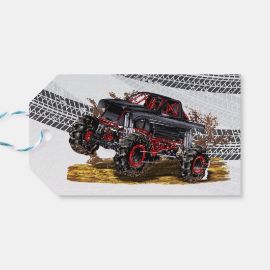 Red Black Monster Truck Birthday Party Cadeaulabel (Achterkant Horizontaal)
