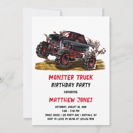 Red Black Monster Truck Birthday Party Invitation Kaart (Voorkant)