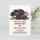 Red Black Monster Truck Birthday Party Invitation Kaart (Staand voorkant)