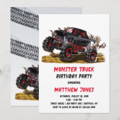 Red Black Monster Truck Birthday Party Invitation Kaart (Voorkant / Achterkant)