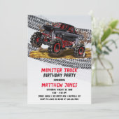 Red Black Monster Truck Birthday Party Kaart (Staand voorkant)