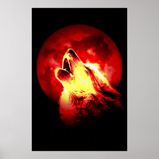 Red Black Motivatie Wolf Howls Fullmoon Print (Voorkant)