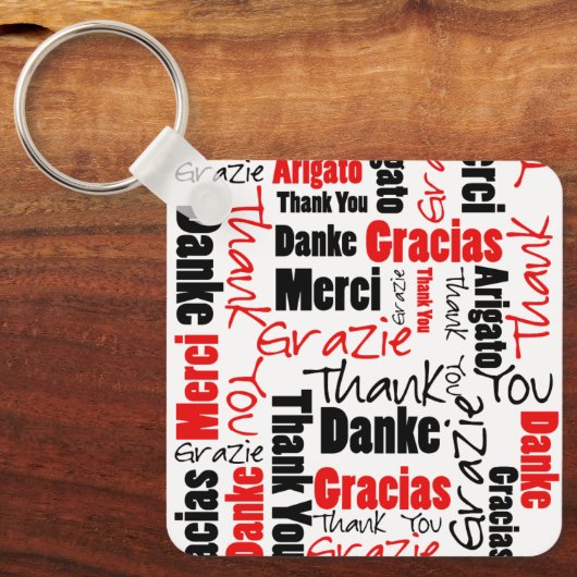 Red Black Multilingual "Bedankt" Typografie Sleutelhanger (Voorkant)