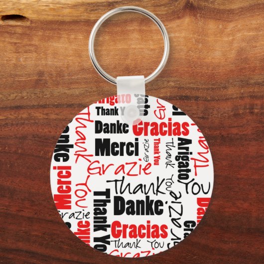 Red Black Multilingual "Bedankt" Typografie Sleutelhanger (Voorkant)