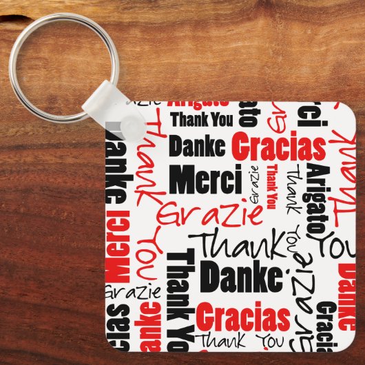 Red Black Multilingual "Bedankt" Typografie Sleutelhanger (Voorkant)