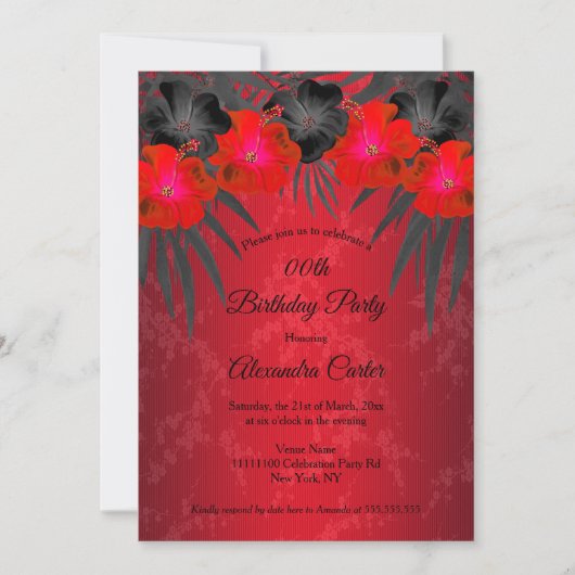 Red Black Palms Hibiscus Damask Birthday Party Kaart (Voorkant)