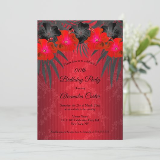 Red Black Palms Hibiscus Damask Birthday Party Kaart (Staand voorkant)