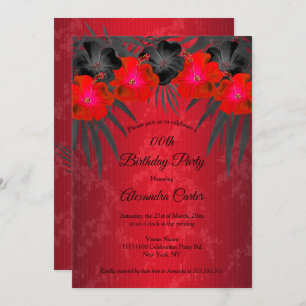 Red Black Palms Hibiscus Damask Birthday Party Kaart