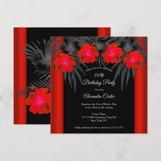 Red Black Palms Hibiscus Tropical Birthday Party Kaart (Voorkant / Achterkant)