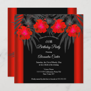 Red Black Palms Hibiscus Tropical Birthday Party Kaart
