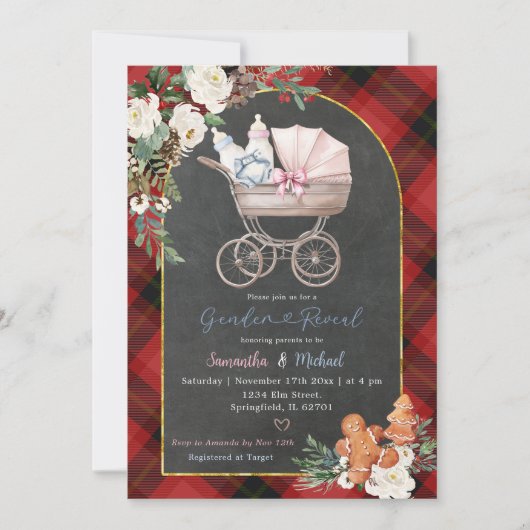 Red Black Plaid Baby Carriage Gender Reveal Kaart (Voorkant)